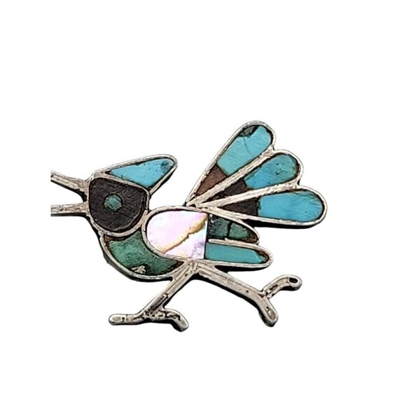 Native American Navajo Roadrunner Pin Turquoise Sterling Silver Mother of Pearl - Picture 6 of 7